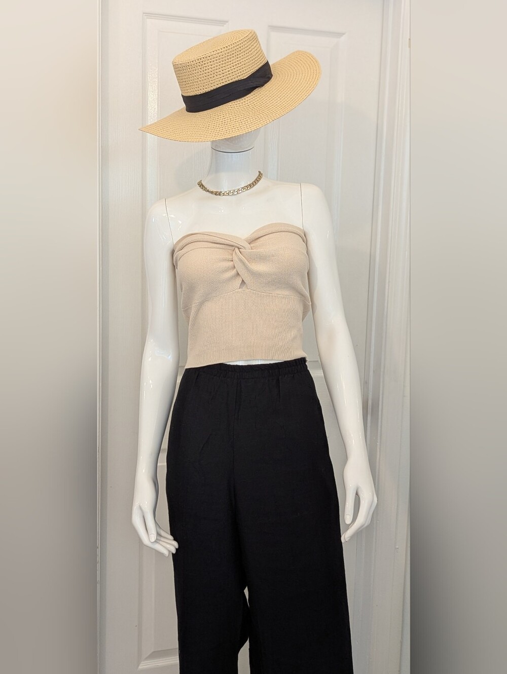 EFAN Light Beige Twist Front Strapless Knit Top M